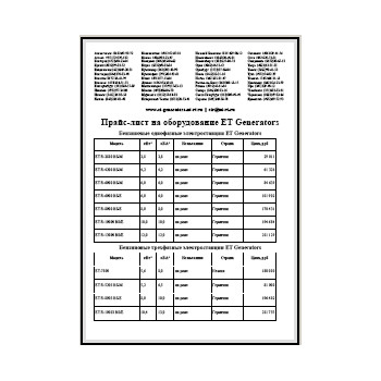 Прайс-лист производства ET Generators